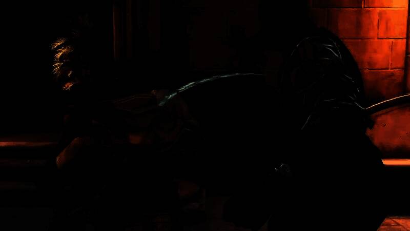 近战战斗瞬间，主角挥动武器击中敌人，火花四溅