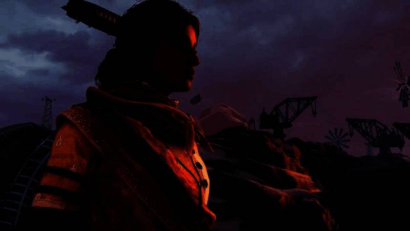 俯视视角下的探索场景，街道布满裂痕，远处有巨型建筑残骸