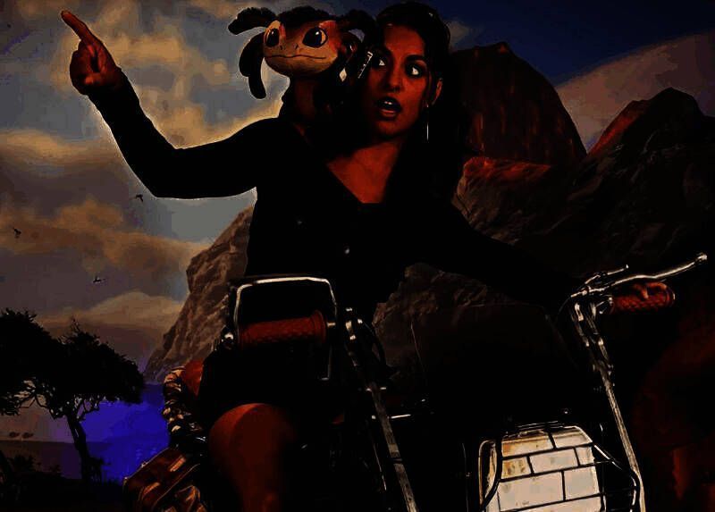 《星球大战：亡命之徒》游戏画面，主角凯手持爆能枪穿梭于外星星域城市中，背景为巨型飞船与异星建筑