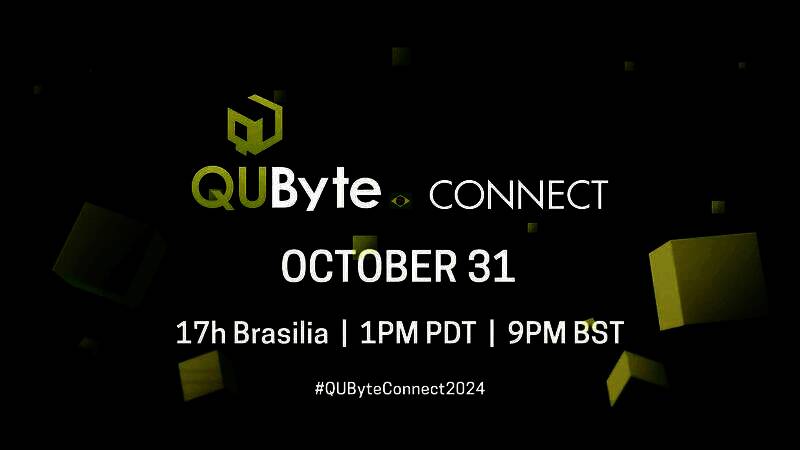 QUByteConnect 2024发布会宣传图，画面中呈现多个游戏角色剪影与未来科技风格的舞台设计