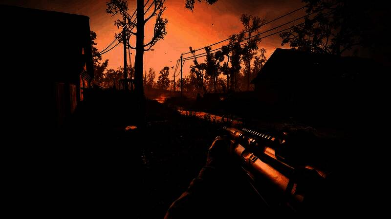 《潜行者2》实机场景，废弃建筑内光线昏暗，角色持枪谨慎前行，周围弥漫着辐射雾气