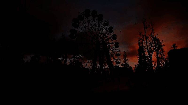 《潜行者2：切尔诺贝利之心》游戏实机画面，昏暗的废墟环境中角色持枪警戒，周围弥漫着诡异的辐射雾气