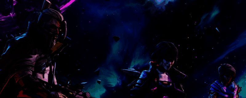 《无主之地4》海岸骨境场景展示，荒凉岩岸上散落着废弃机械残骸与发光资源箱，远处可见破损的哨塔建筑