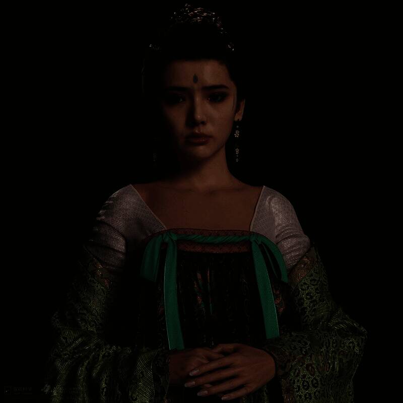 蜘蛛精二姐面部建模特写，面容妩媚，眼部妆容精致，带有蛛丝缠绕特效