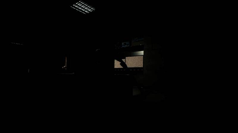 角色蜷缩在柜子内，眼睛睁大充满恐惧，门外地面映出巨大怪物的影子，气氛极度紧张