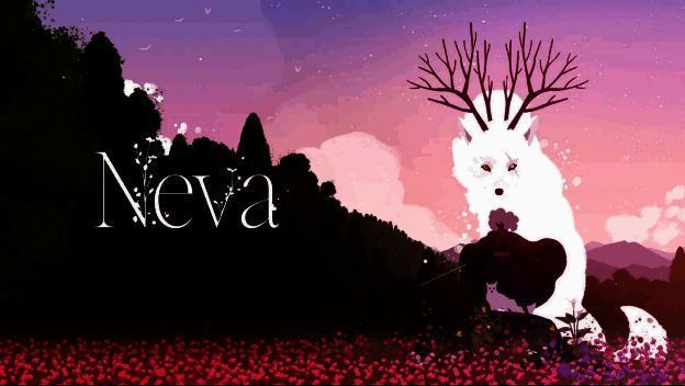 《Neva》游戏封面图，少女Alba与巨狼Neva并肩站立于黄昏草原，画面充满温暖与希望