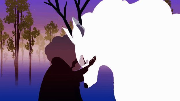 Alba与幼年Neva在森林中互动的温馨场景，阳光透过树叶洒落，氛围宁静而治愈