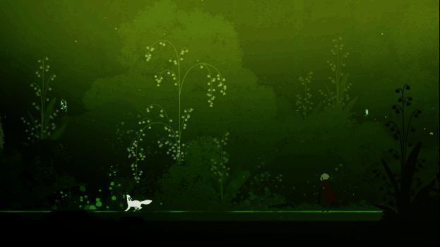 游戏中蜿蜒森林场景，光线穿过树冠形成斑驳光影，远处有发光生物漂浮