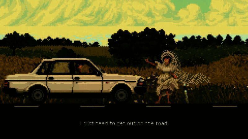 地图界面展示，像素风格的公路网络连接多个小镇，标记点闪烁表示可触发事件的位置