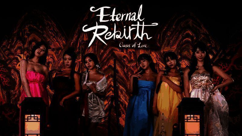 《后宫佳丽999》游戏宣传画面，多位韩国模特饰演的女主角身着古风服饰，神情各异，背景为华丽宫殿场景