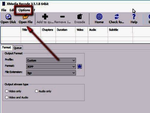 XMedia Recode软件主界面，顶部菜单栏高亮显示Options选项