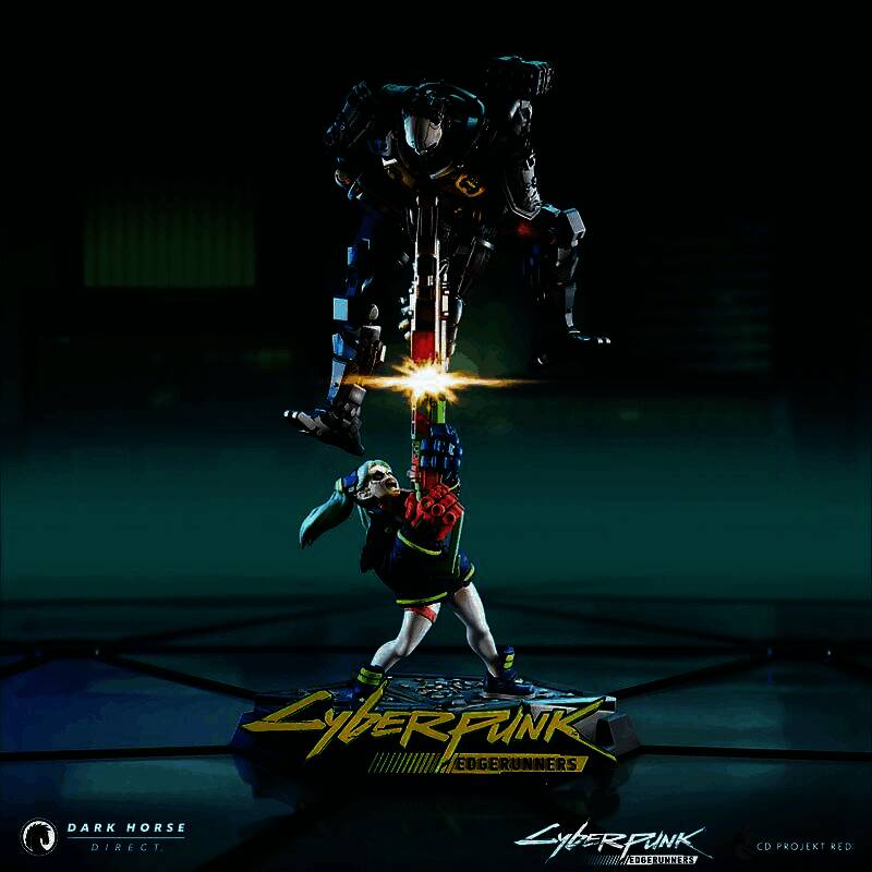 瑞贝卡驾驶机甲高速冲向亚当重锤的雕像正面视角，机甲细节清晰，动态感强烈