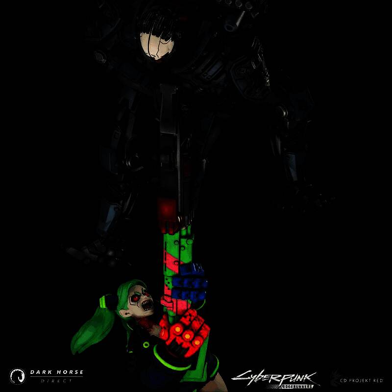 雕像整体展示图，背景为霓虹都市风格，突显赛博朋克美学