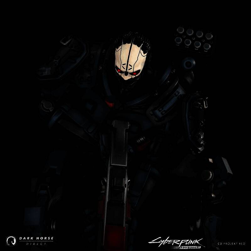 雕像背部视角，展示破损机甲结构与能量管线外露的细节