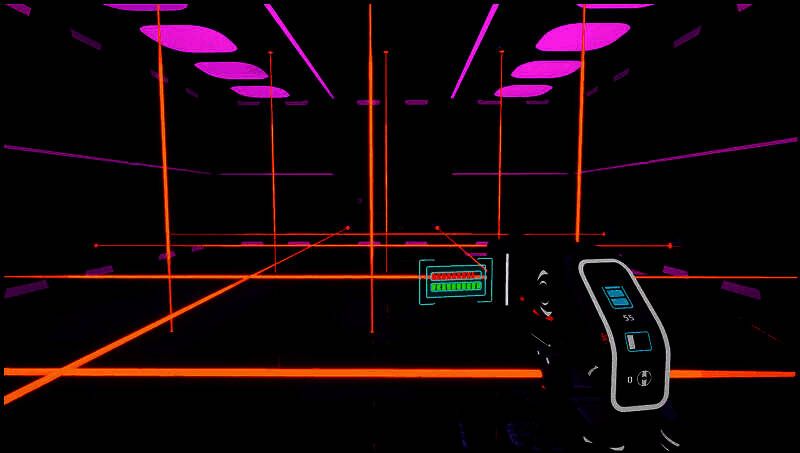 主角在昏暗走廊中缓缓前行，墙壁布满裂痕与电路火花，远处隐约可见机械守卫的红光扫描