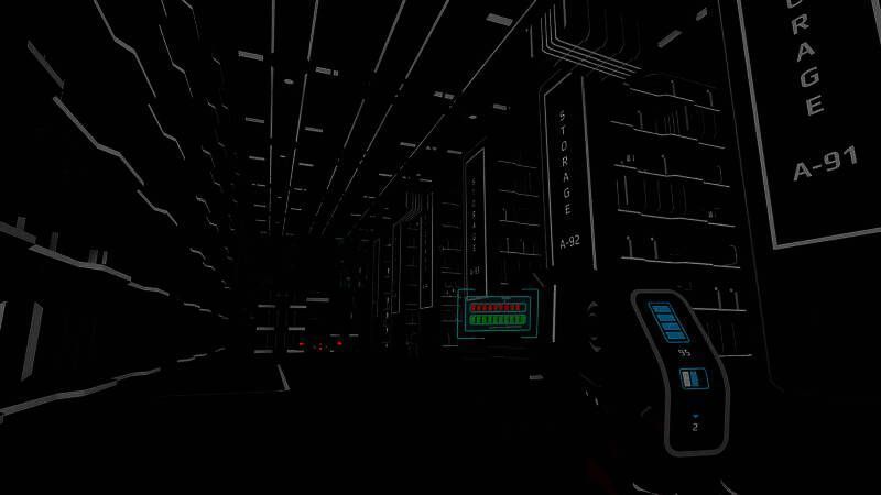 玩家视角穿过一道发光的能量门，进入一个巨大环形舱室，天花板悬挂着破损的机械臂，地面散落着残骸