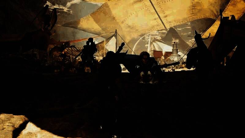 沙漠区域遭遇沙尘暴天气，环境昏黄，猎人艰难前行