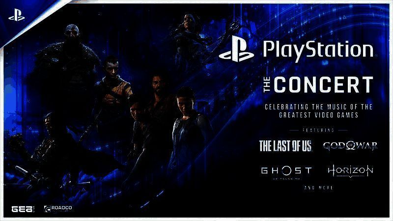 PlayStation音乐会宣传图，画面中巨大的LED舞台上浮现多个经典游戏角色剪影，如奎托斯、艾莉与埃洛伊，背景是绚丽的光影效果