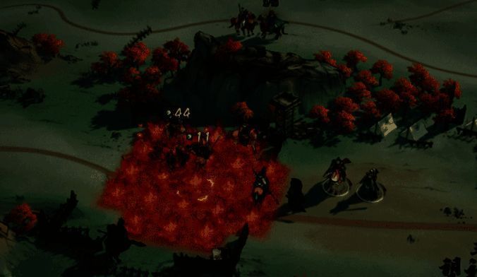 己方武将在火海边缘待命，敌方后排武将被火焰吞噬，血条快速减少