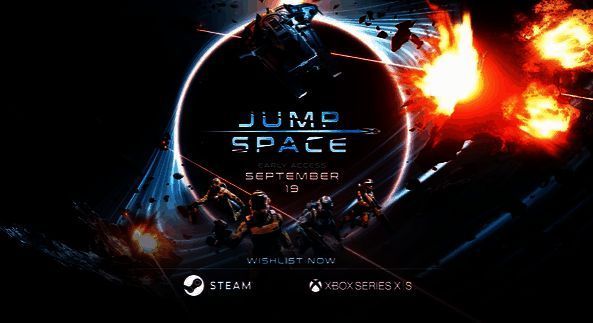 《Jump Space》游戏主界面展示飞船跃迁画面，星空背景中一艘小型探索舰正进行空间跳跃特效
