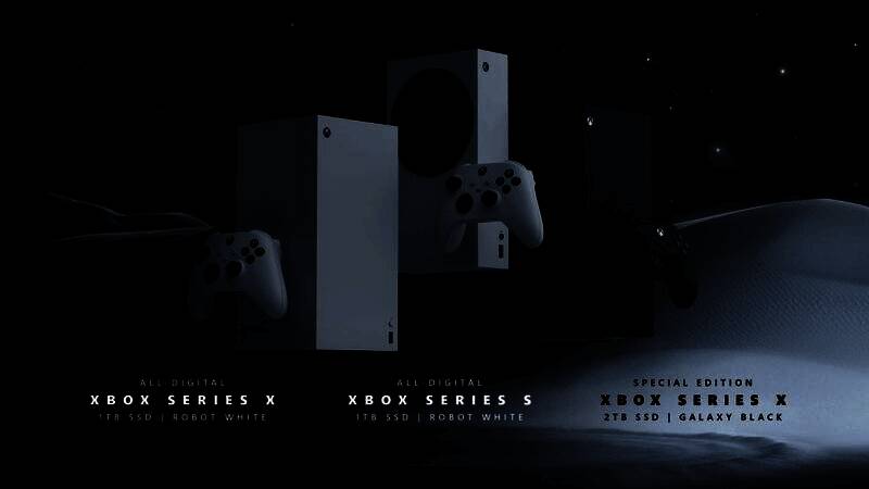 Xbox Series X和S主机并列展示，背景为深色科技纹理，突显高端游戏设备质感