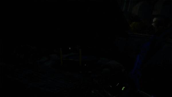 玩家视角下坡后正对密码门的实景画面，门前有警示标志