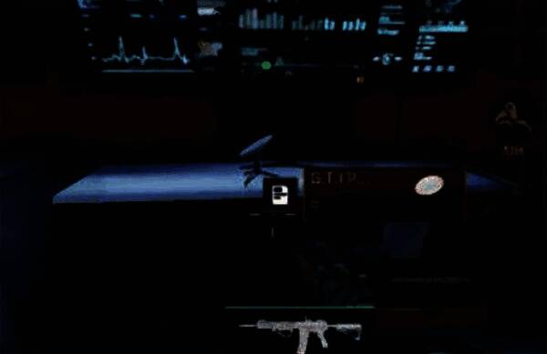 二楼走廊尽头的密码门，配有监控摄像头和红色警示灯