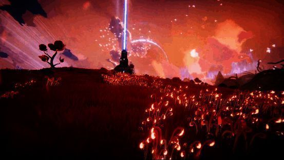 游戏中融合中式建筑风格的科研站，坐落在山巅，周围环绕流光粒子与星空投影