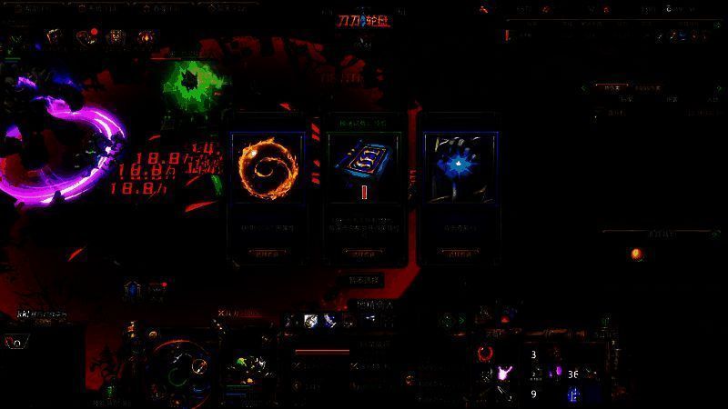 角色成长界面展示，左侧为技能树，右侧为装备栏与宝物槽，中间突出‘威能选择’提示