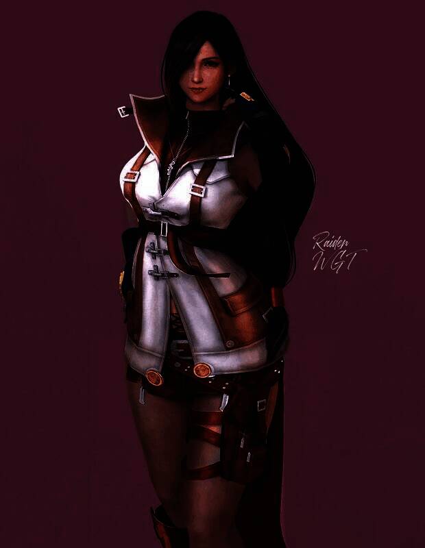 蒂法换上白色露肩连衣裙，微风吹起裙摆，背景为樱花飘落的庭院场景