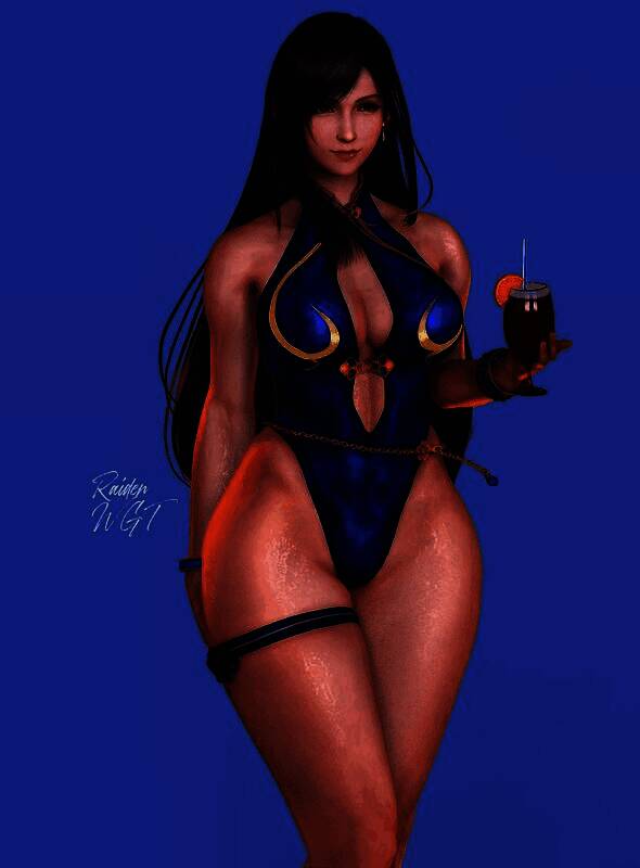 蒂法背对镜头站立，身穿红色短款夹克与热裤，夕阳余晖洒满全身