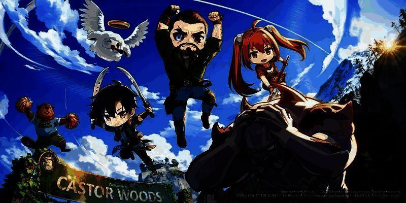 Techland官方发布的贺图，天使羊波波与河狸波波手持庆祝标语，背景为《空之轨迹 the 1st》与《消逝的光芒：困兽》的游戏LOGO