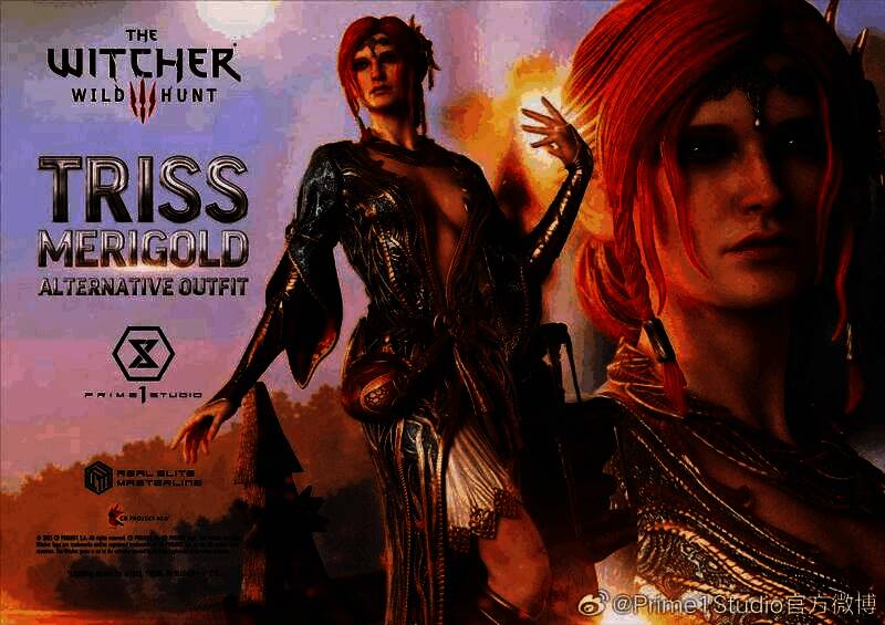 特莉丝替换服装版雕像正面展示，身穿深色长袍，神情温柔而坚定，背景带有魔法光效