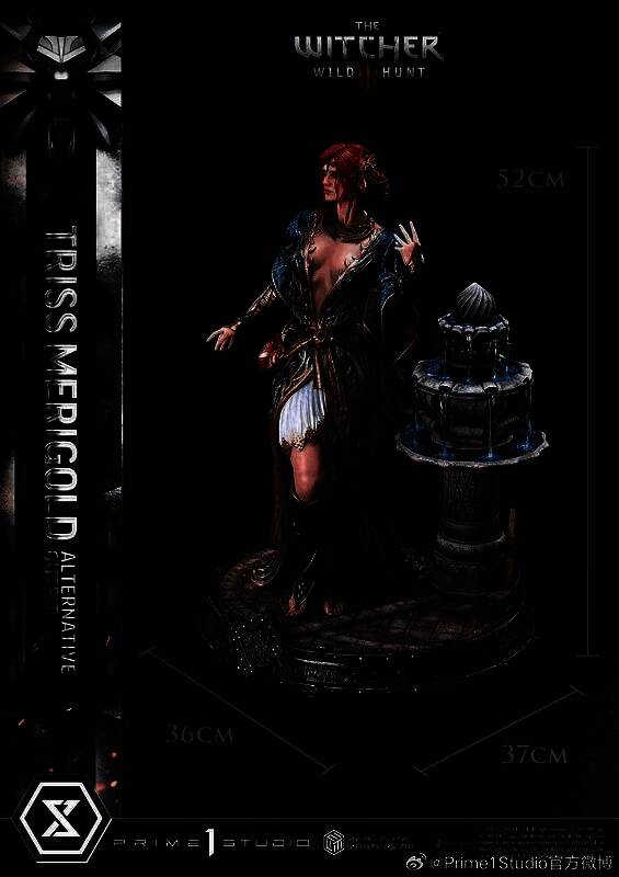 特莉丝雕像侧面视角，展示燃烧魔导书的火焰特效与长袍飘动的动态细节