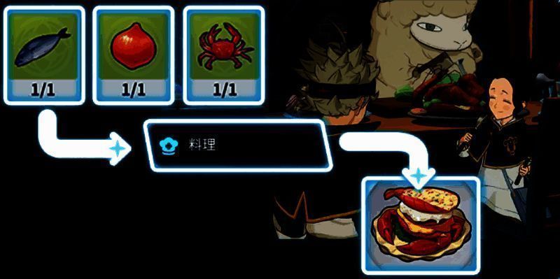 游戏内基地料理功能入口界面，按钮清晰标注‘开始料理’，背景为温暖的木质厨房风格