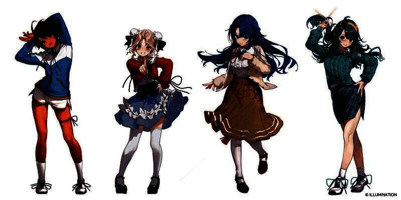 游戏角色立绘展示图，四位女性角色身着特色服饰，姿态优雅，各具个性魅力