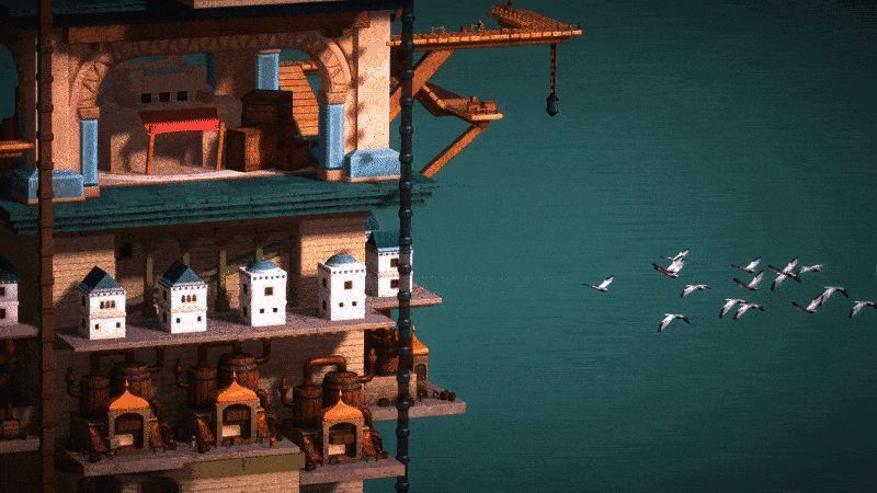 动态画面展示玩家建造过程，塔楼逐层向上延伸，工人穿梭其间，物流通道不断扩展，展现生动的城市生长感