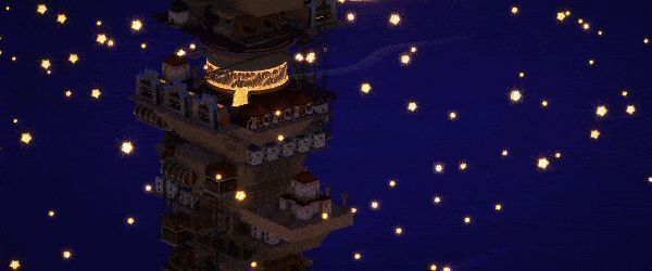 动画展示资源运输流程，热气球载着物资穿越多层塔楼，管道系统自动输送液体资源，体现高效物流设计