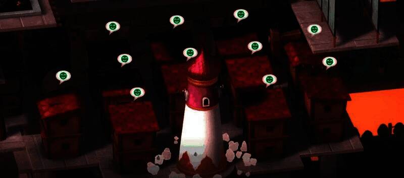 开发者在BitSummit展会上与外国玩家交谈，展板展示游戏概念图，气氛热烈