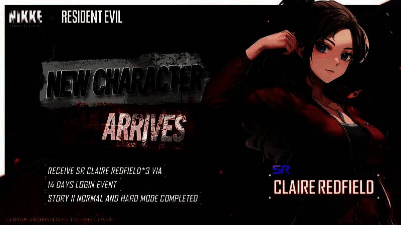 《胜利女神：NIKKE》x《生化危机》联动PV截图，角色克莱尔持枪穿越废墟城市，背景燃烧着红色火焰