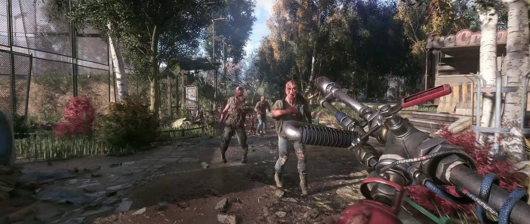 主角使用双持武器对抗成群感染者，动作流畅，环境破坏效果真实