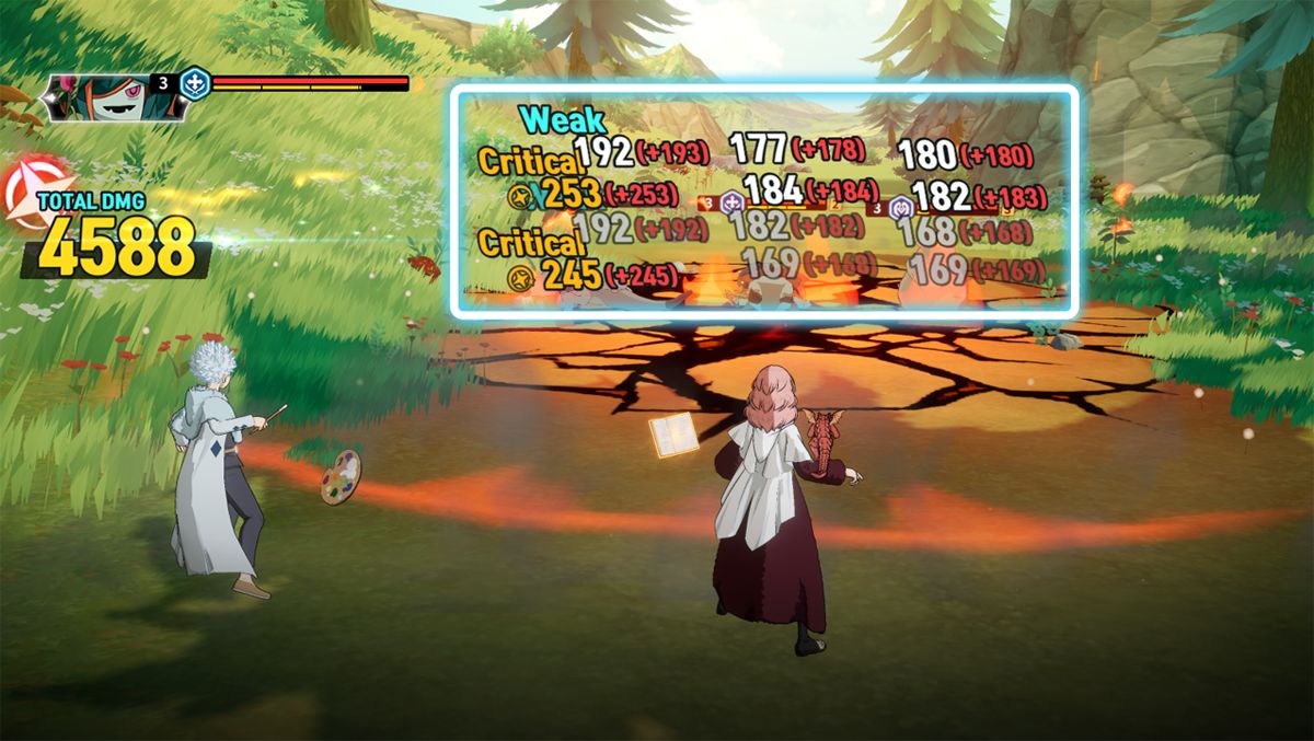 伤害数值界面特写，突出显示括号内增益伤害