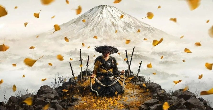 游戏中主角在雪地森林中潜行的画面，远处有敌人巡逻，场景充满和风美学与沉浸式氛围