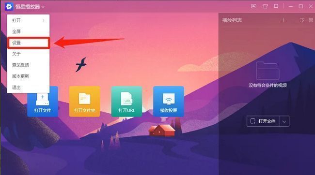 恒星播放器设置选项位置展示，位于左上角菜单下方列表中
