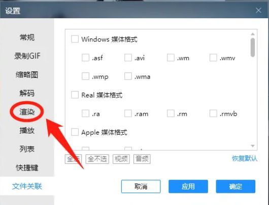 恒星播放器设置界面左侧导航栏中‘渲染’选项被选中
