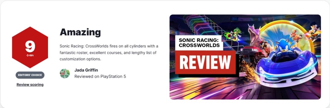 IGN对《索尼克赛车：交叉世界》打出9分评价的截图，配文‘A love letter to kart racing’