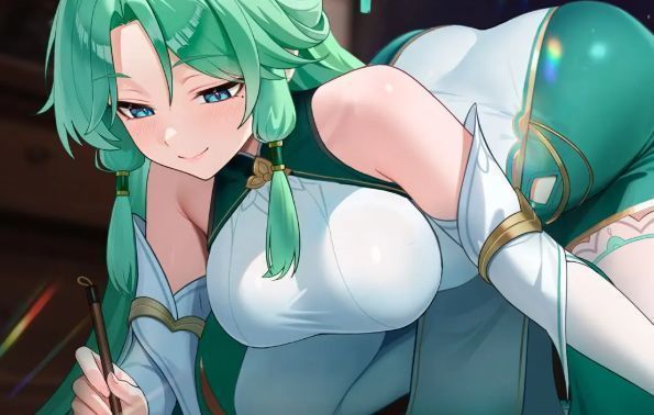 薇薇安奥义技能动画示意，一道蓝色光流从她身上涌出，连接至一名正在战斗的队友