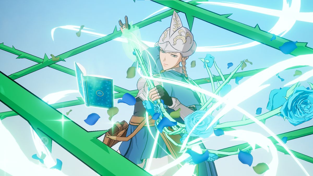 SSR尤诺角色立绘，银发蓝瞳，手持闪耀魔法阵的四叶草魔杖