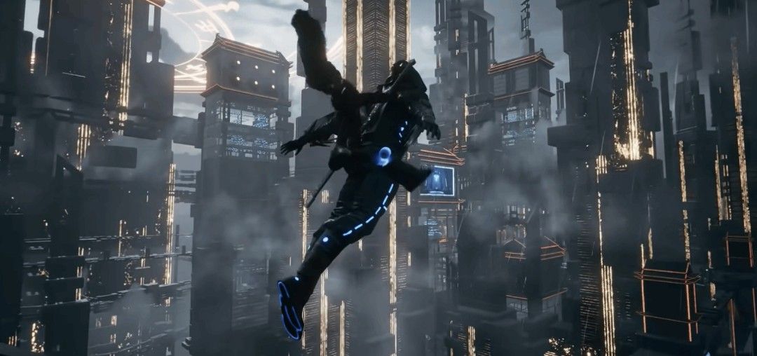 《琉隐无界》重锤雷殇武器战斗演示画面，角色在赛博风格神殿中挥舞巨锤，雷电特效炸裂，地面崩裂