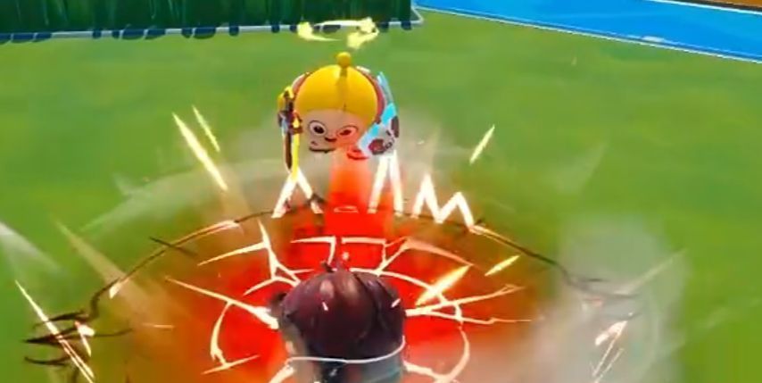 双面教师释放大招瞬间，舞台灯光炸裂，气浪将四周对手推开，地面留下音符状残影